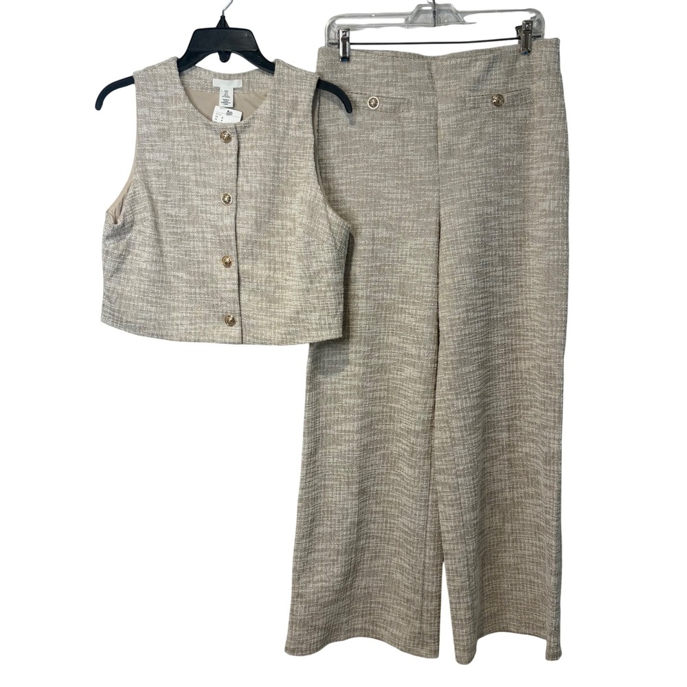 H&M Tweed Vest and Wide Leg Pants Set Womens S/M Beige Gold Button Co-ord